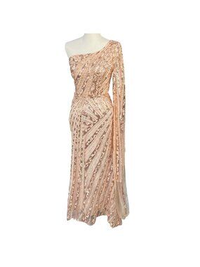 Mac Duggal NWT Rose Gold One Shoulder Cape Sleeve Sequin Beaded Gown Size 4